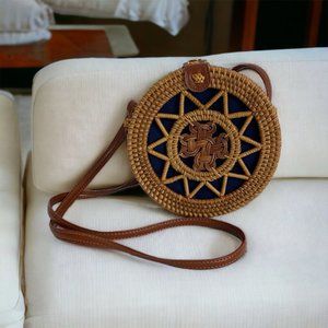Boho Round Rattan Wicker Brown Purse Crossbody Snap Closure Barbie Core